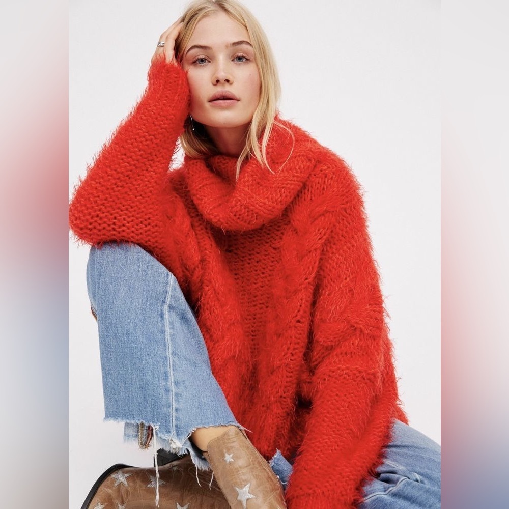 Free People Isle of Skye Fuzzy Red Turtleneck Sweater